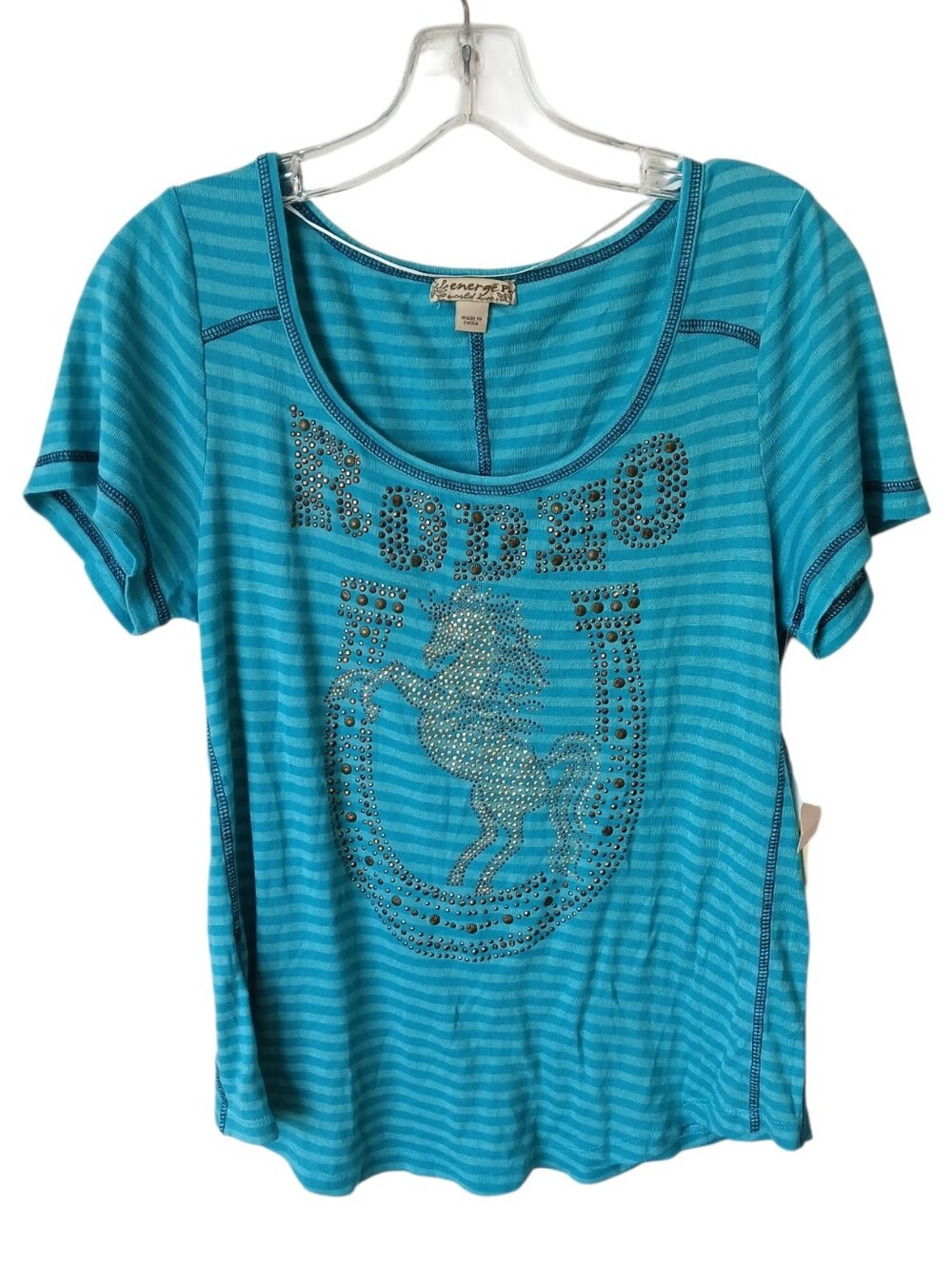 Energe Teal Striped Rodeo Rhinestone Top NWT